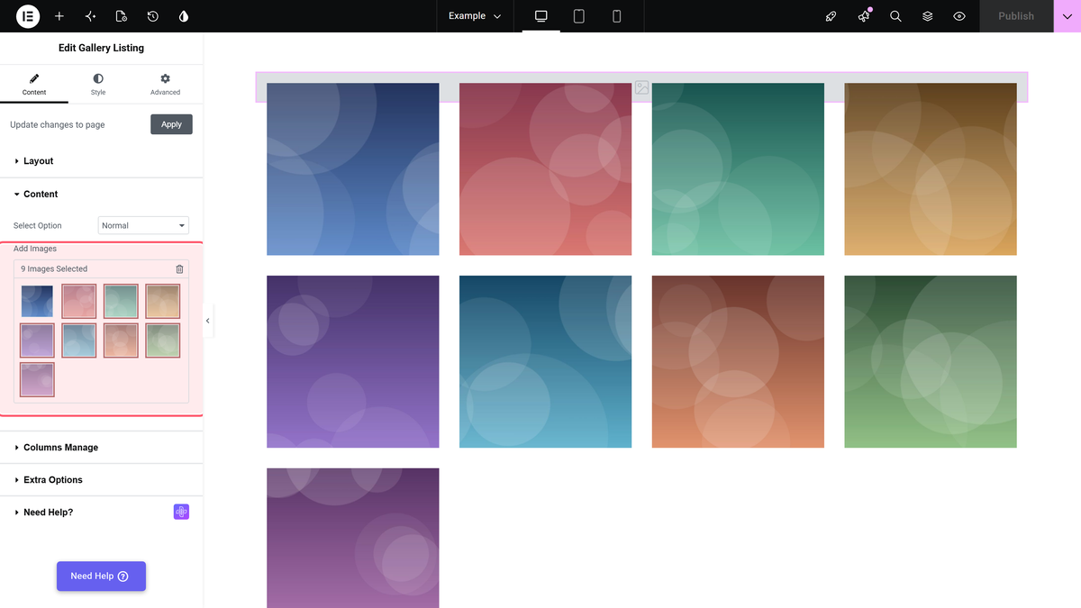 The add images control showing nine images selected for the gallery