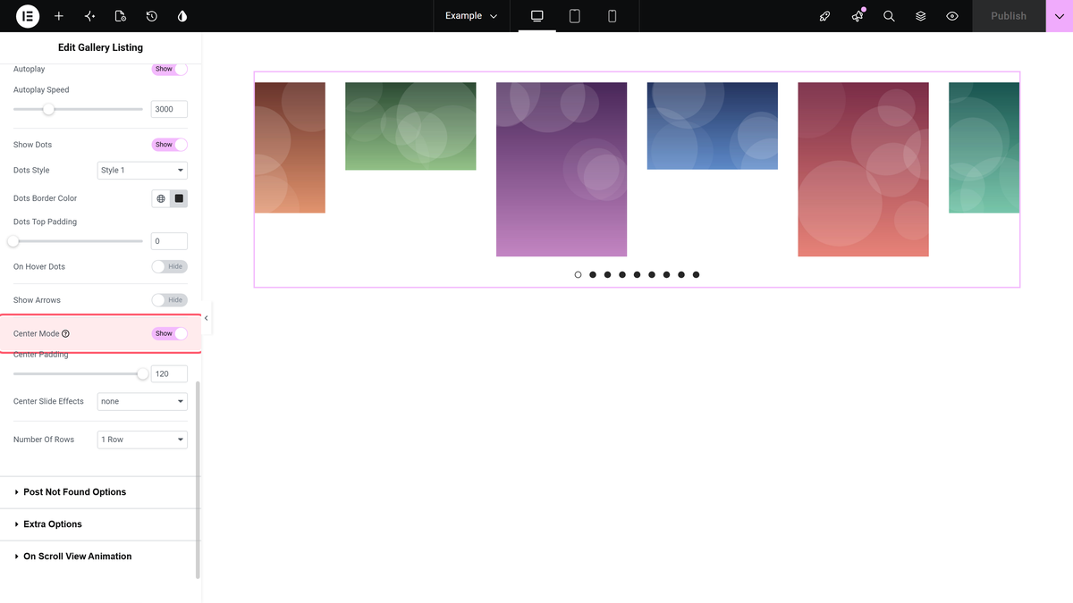 The center mode toggle switched on under style > carousel options