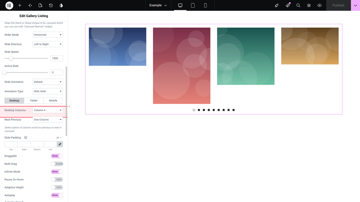The desktop columns dropdown under style > carousel options