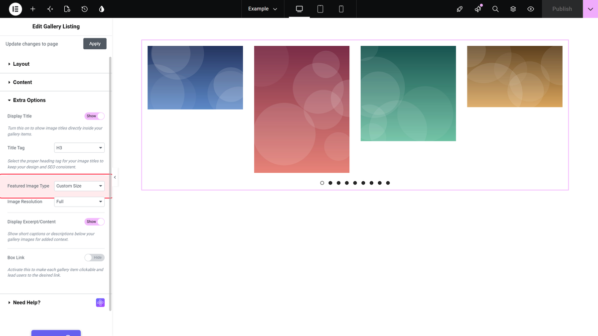 Featured image type set to custom size in content > extra options
