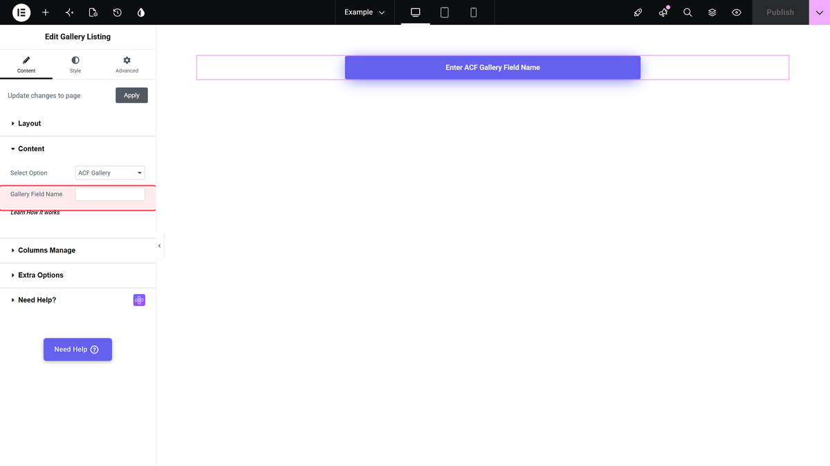 The gallery field name text field in content > content