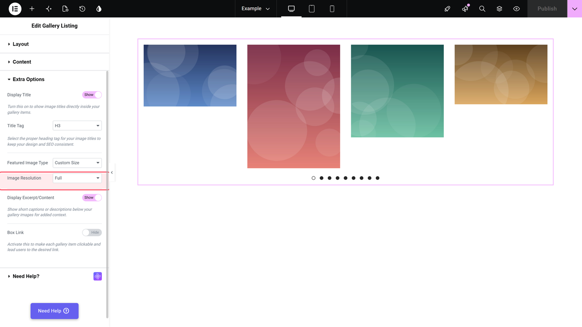The image resolution dropdown in content > extra options, set to a fixed size
