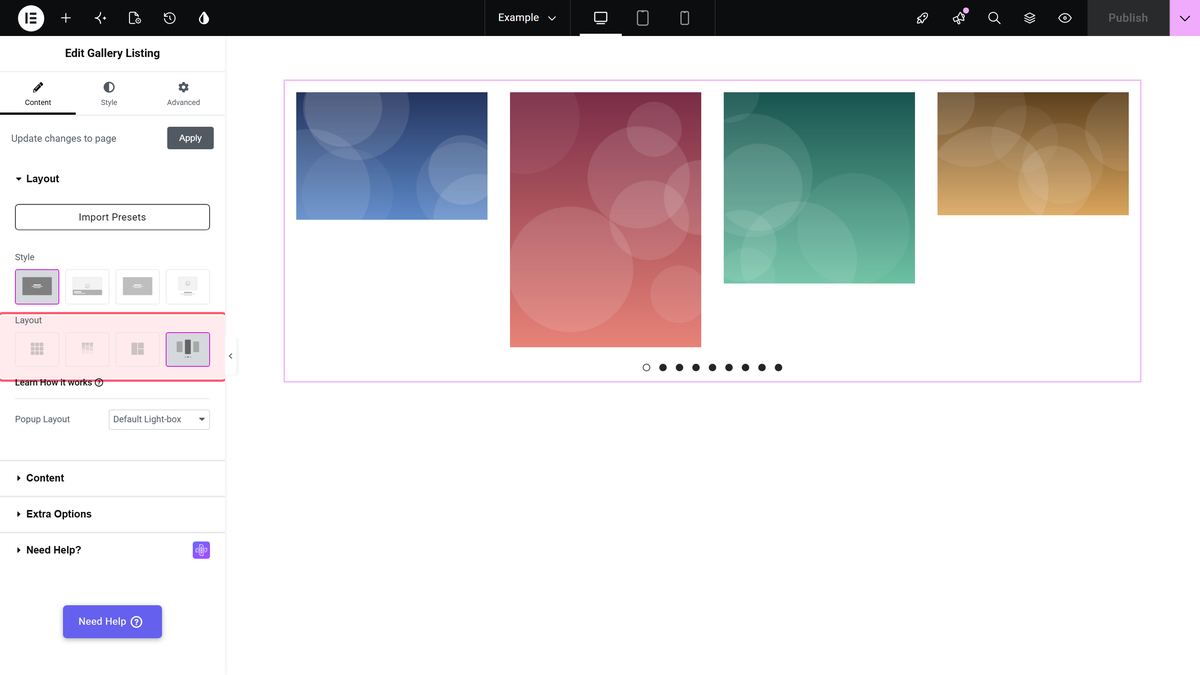 The layout control with carousel selected and the carousel rendered on the canvas