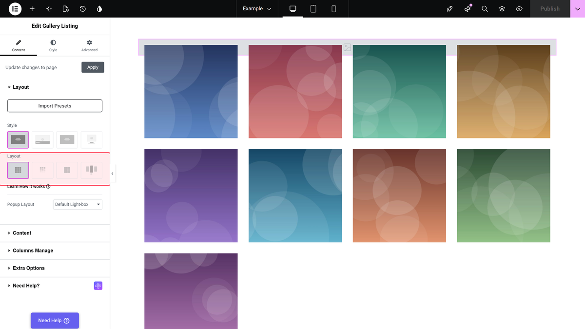 How to Make Elementor Image Gallery of the Same Size in Grid? The layout control in the gallery listing panel with grid selected