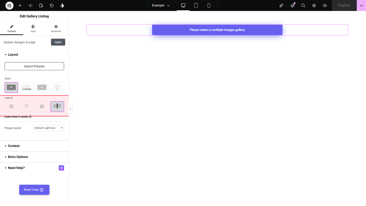 The layout icon picker of the gallery listing widget with carousel selected