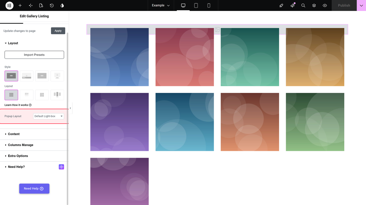 The popup layout dropdown in content > layout