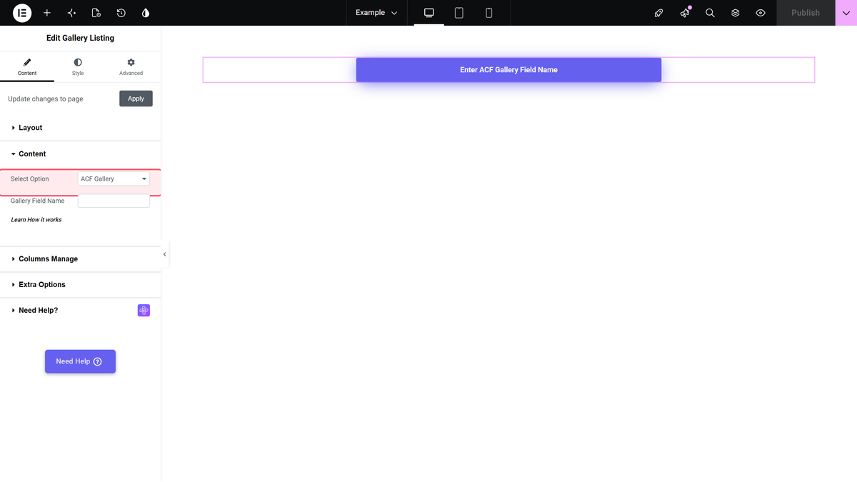 Select option set to acf gallery in content > content