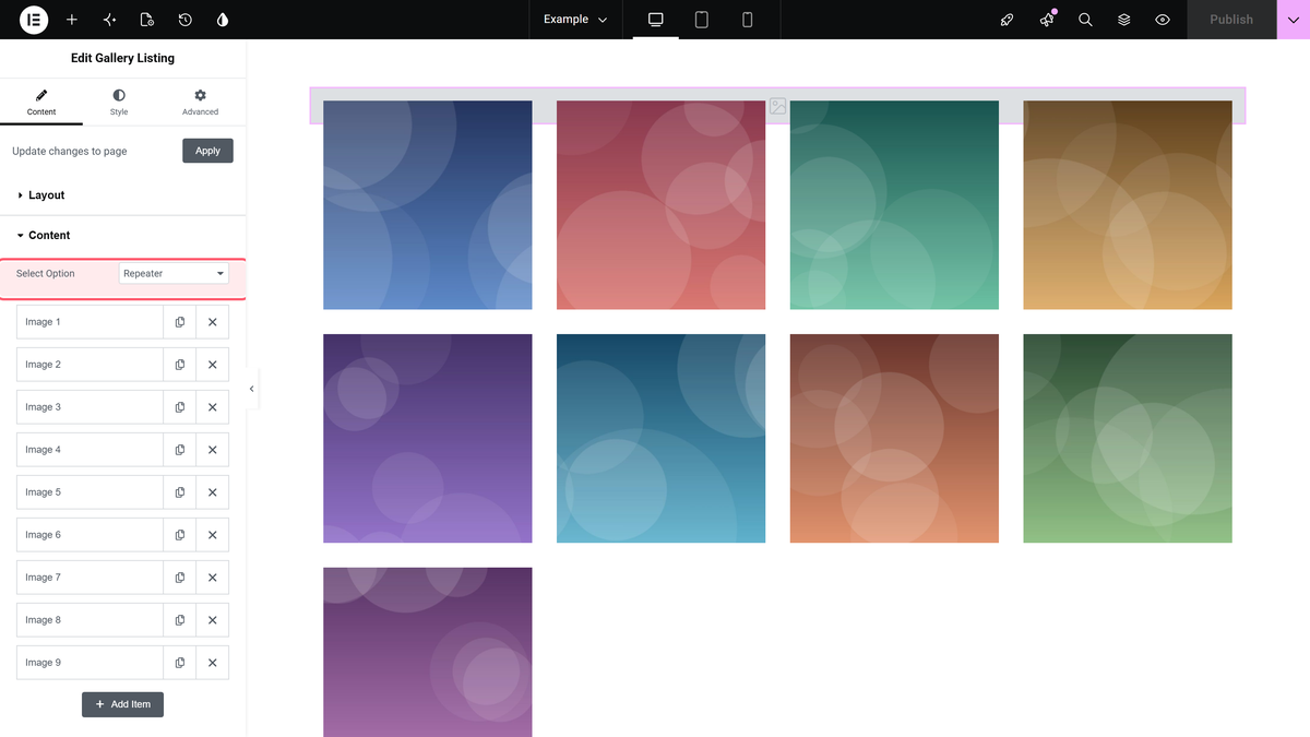 How to Create a Filterable Image Gallery in Elementor? (Category Wise Filter) Select option set to repeater in content > content