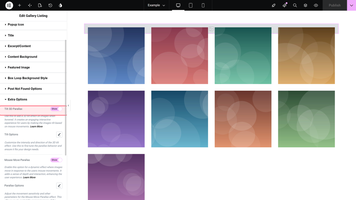 How to Add 3D Tilt Effect to Elementor Gallery Listing? The tilt 3d parallax toggle switched on in style > extra options