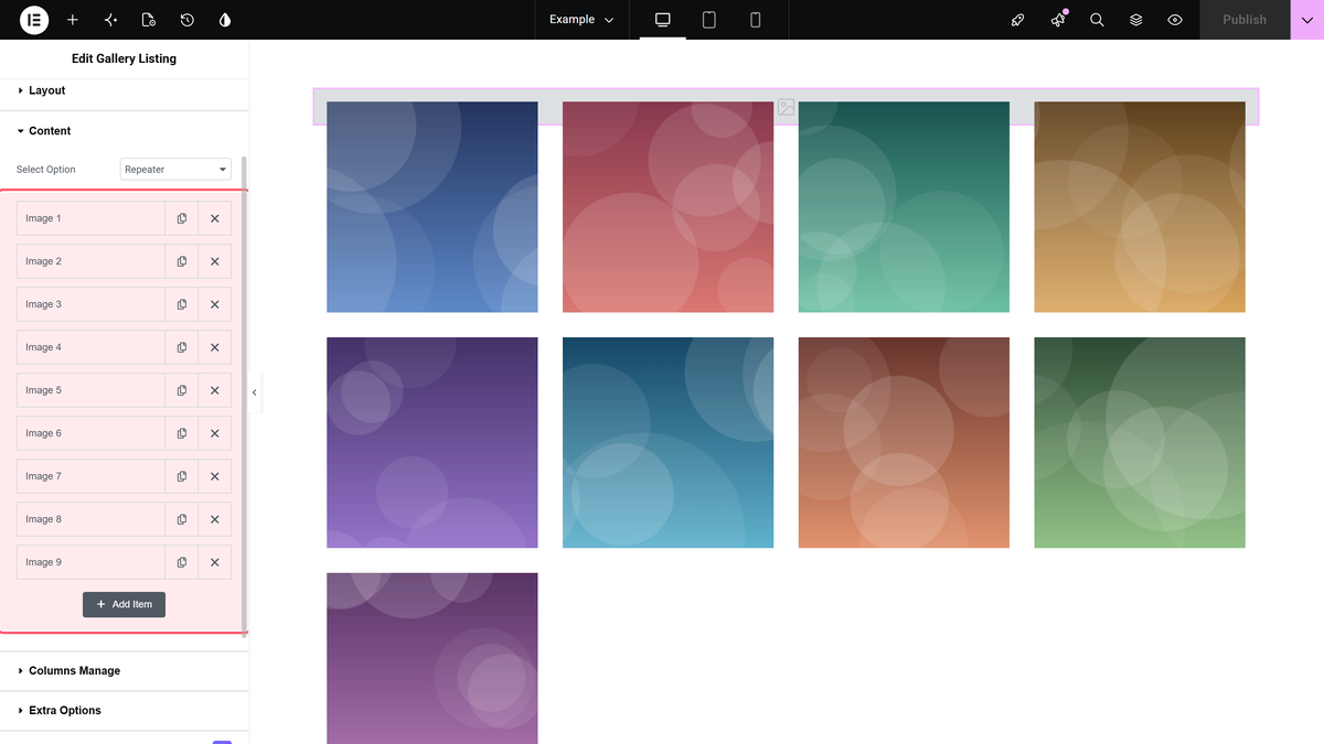 How to Create a Filterable Image Gallery in Elementor? (Category Wise Filter) An open repeater row showing the category field alongside the image