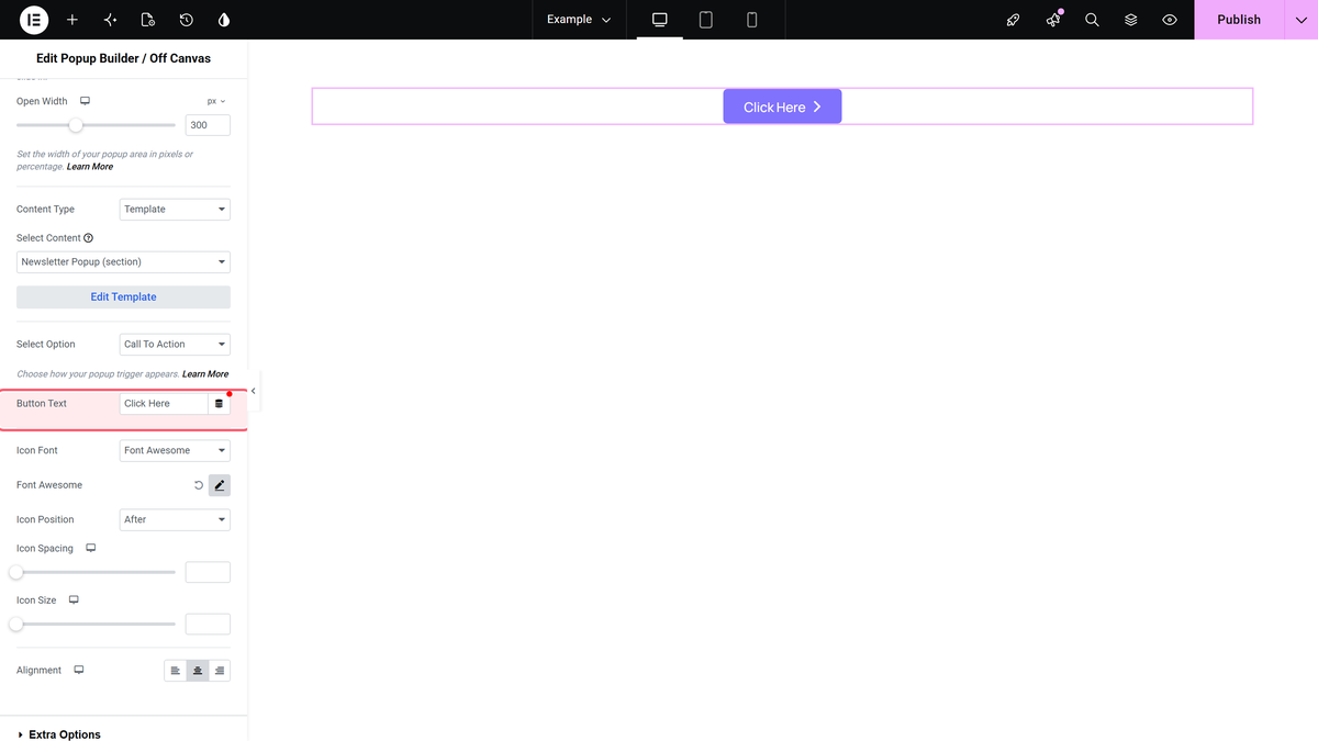 How to open a Popup on button link click in Elementor? The button text field for the popup's call to action button