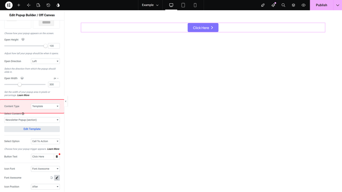 The content type dropdown in the popup builder widget