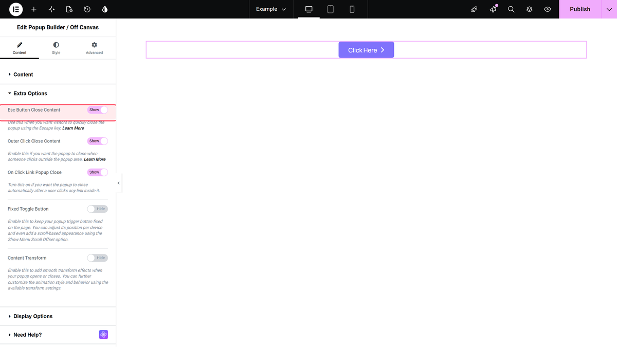 How to close Elementor Popup with the Esc button or by clicking outside? The esc button close content switch in content > extra options
