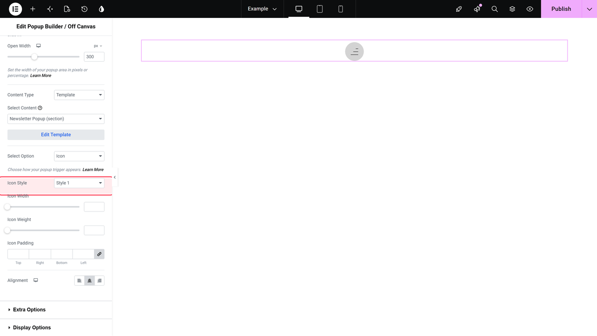 Select option set to icon, with the icon style choices
