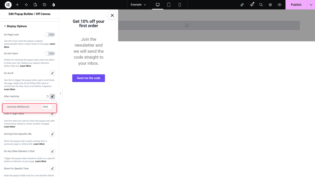 How to Delay Popup on User Inactivity in Elementor? The inactivity millisecond field inside after inactivity