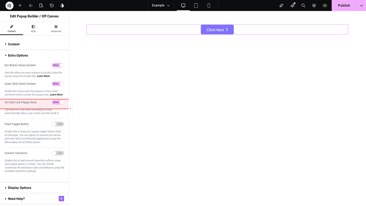 How to close Elementor Popup with the Esc button or by clicking outside? The on click link popup close switch in content > extra options
