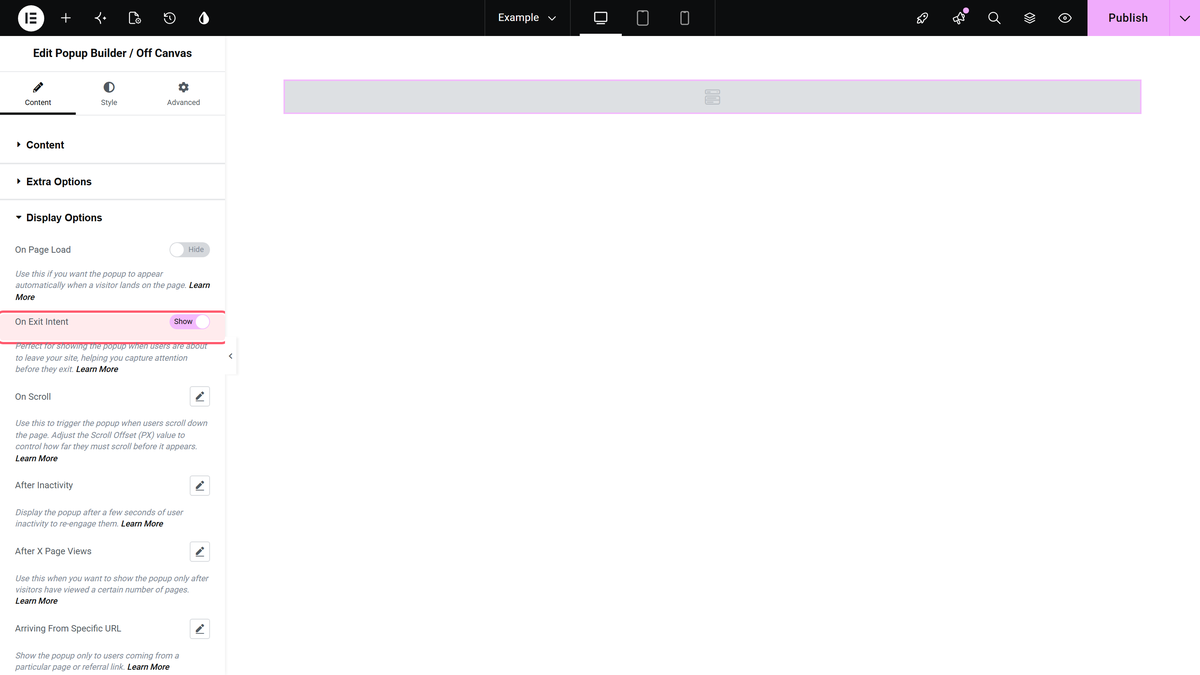 The on exit intent switch turned on in content > display options