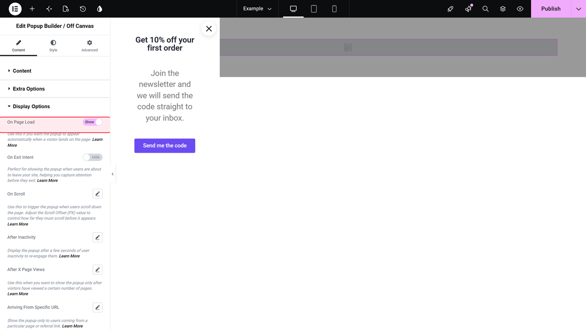 The on page load switch turned on in content > display options
