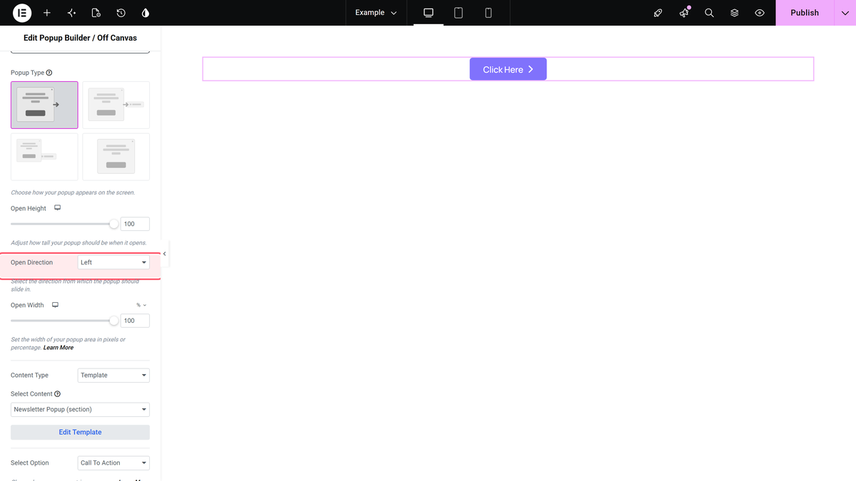 The open direction dropdown for a slide popup