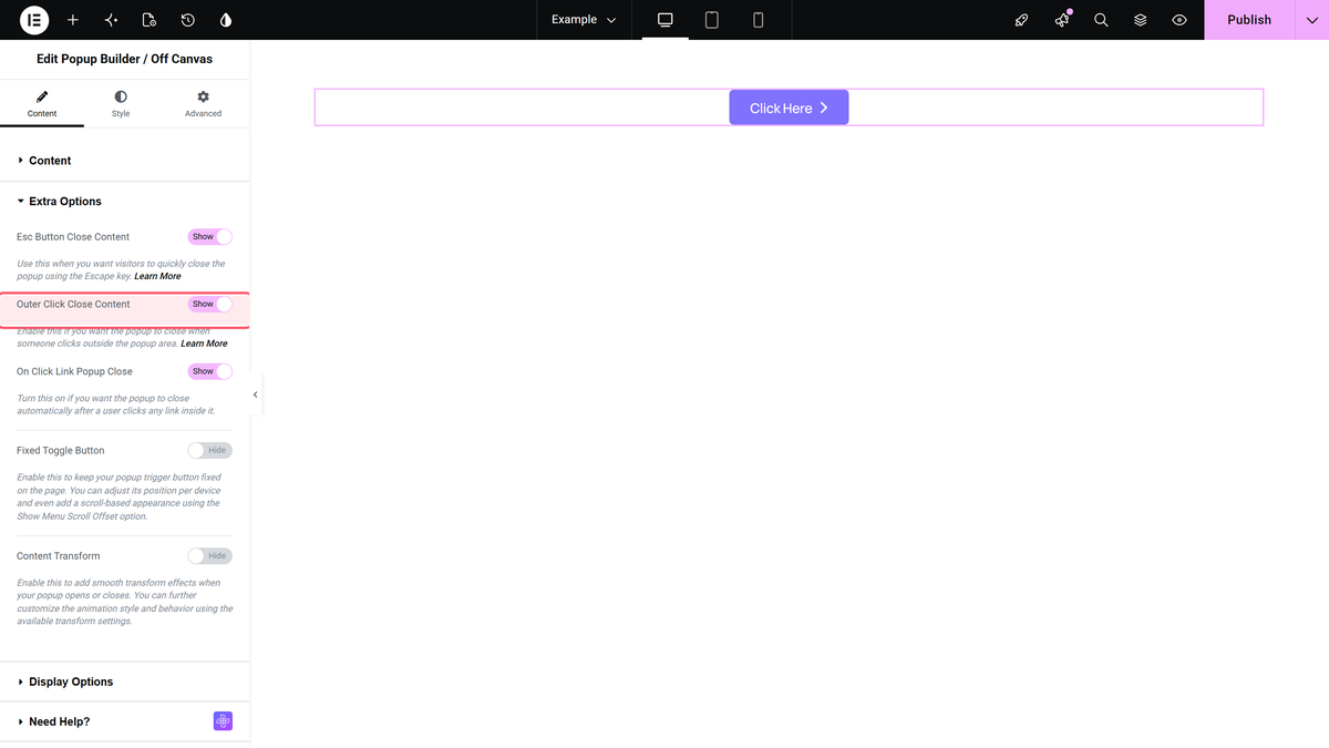 How to close Elementor Popup with the Esc button or by clicking outside? The outer click close content switch in content > extra options