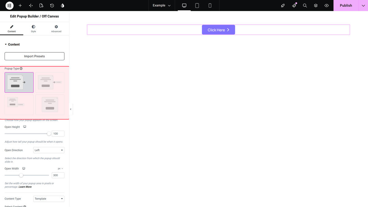 How to open a Popup on button link click in Elementor? The popup type choices in the popup builder widget