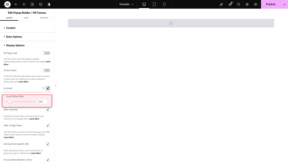 How to show Popup after Page Scroll in Elementor? The scroll offset field inside on scroll set to 600px