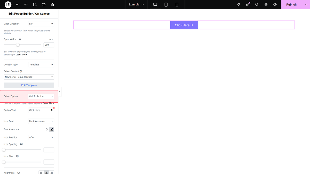 How to open a Popup on button link click in Elementor? Select option set to call to action in the popup builder widget