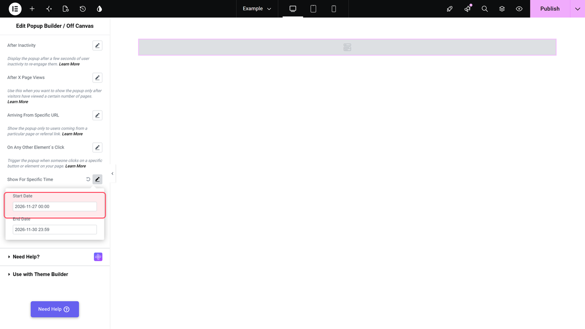 The start date field inside show for specific time