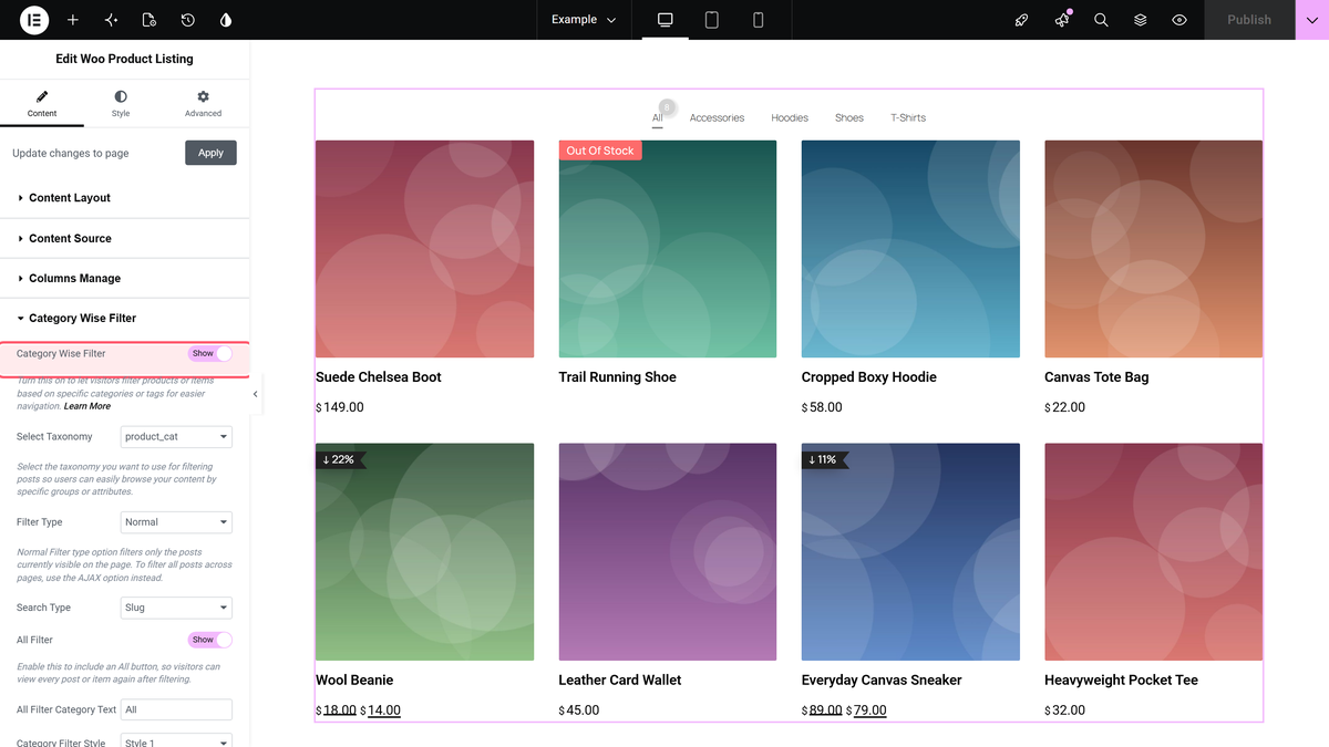 Product Listing Widget Settings Overview The category wise filter section of the woo product listing widget