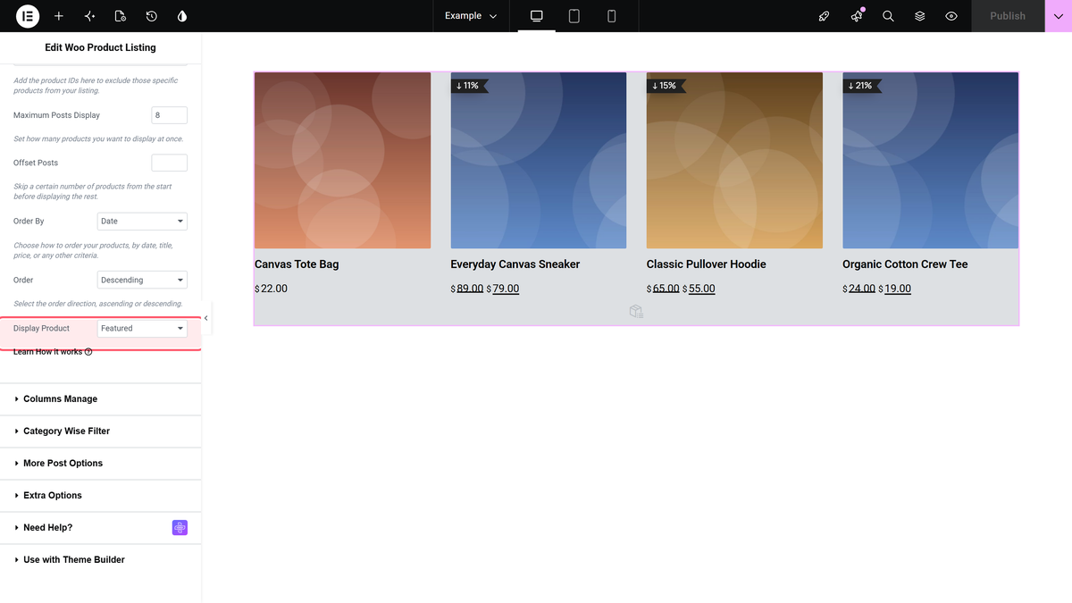 How to Display Featured Products in WooCommerce in Elementor? Display product set to featured, with four featured products in the listing
