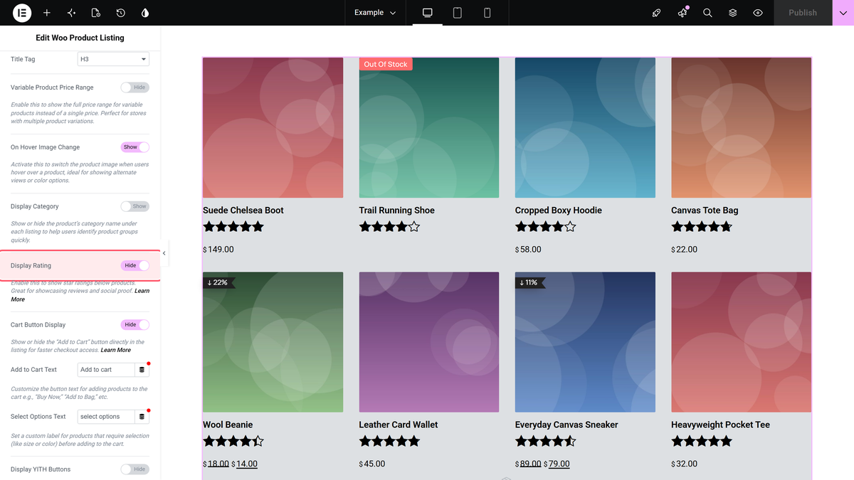 How to Show Star Rating in WooCommerce Product in Elementor? The display rating switch turned on, with stars on the product cards