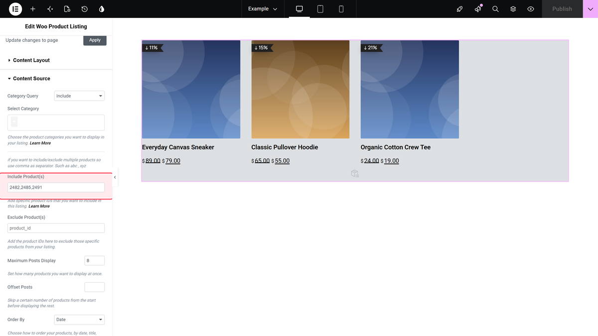 Include product(s) with three product ids, and those three products in the listing