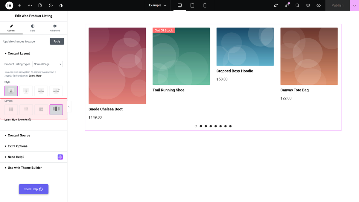 The layout control with carousel selected, and products in a slider