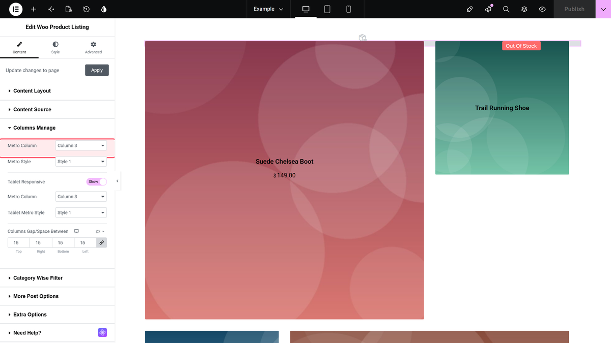 How to Show WooCommerce Products in Metro Layout in Elementor? The metro column dropdown in content > columns manage