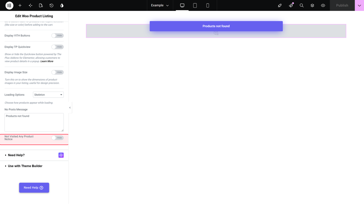 How to Show WooCommerce Recently Viewed Products in Elementor? The not visited any product notice switch