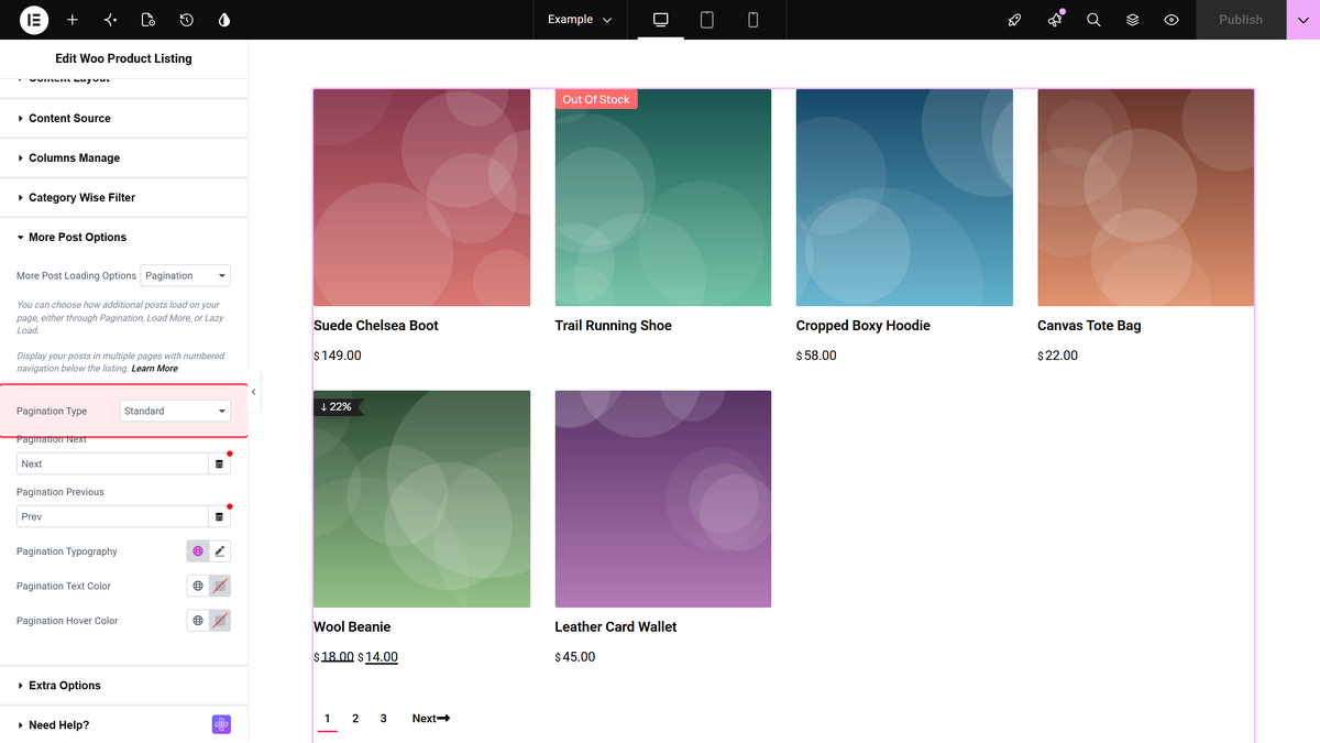 How to Add Pagination to WooCommerce Products in Elementor? The pagination type dropdown with standard and ajax based