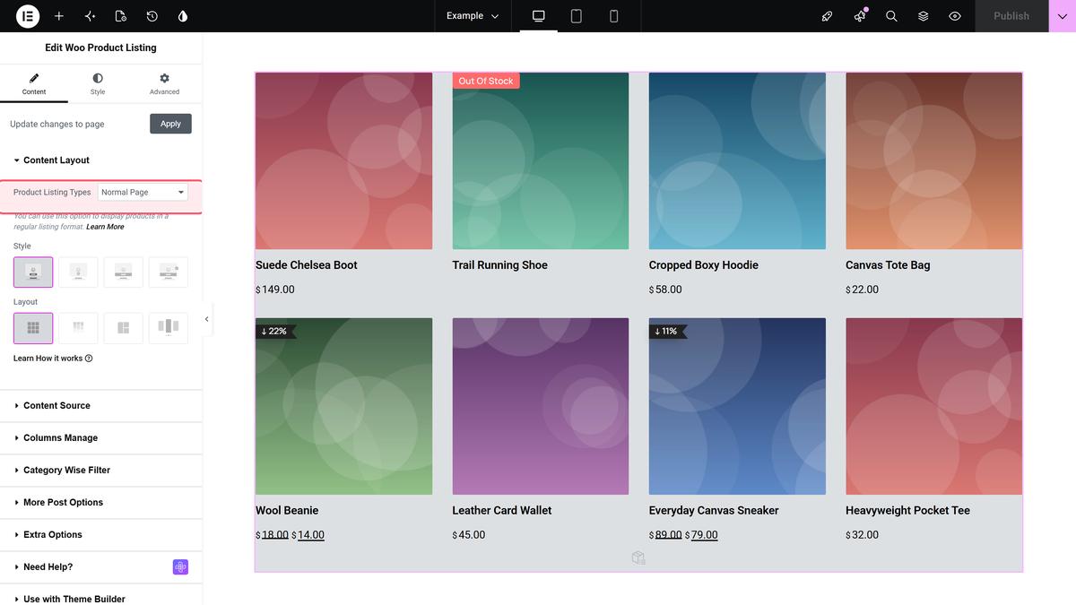 How to Display WooCommerce Products on Custom Page in Elementor? Product listing types set to normal page