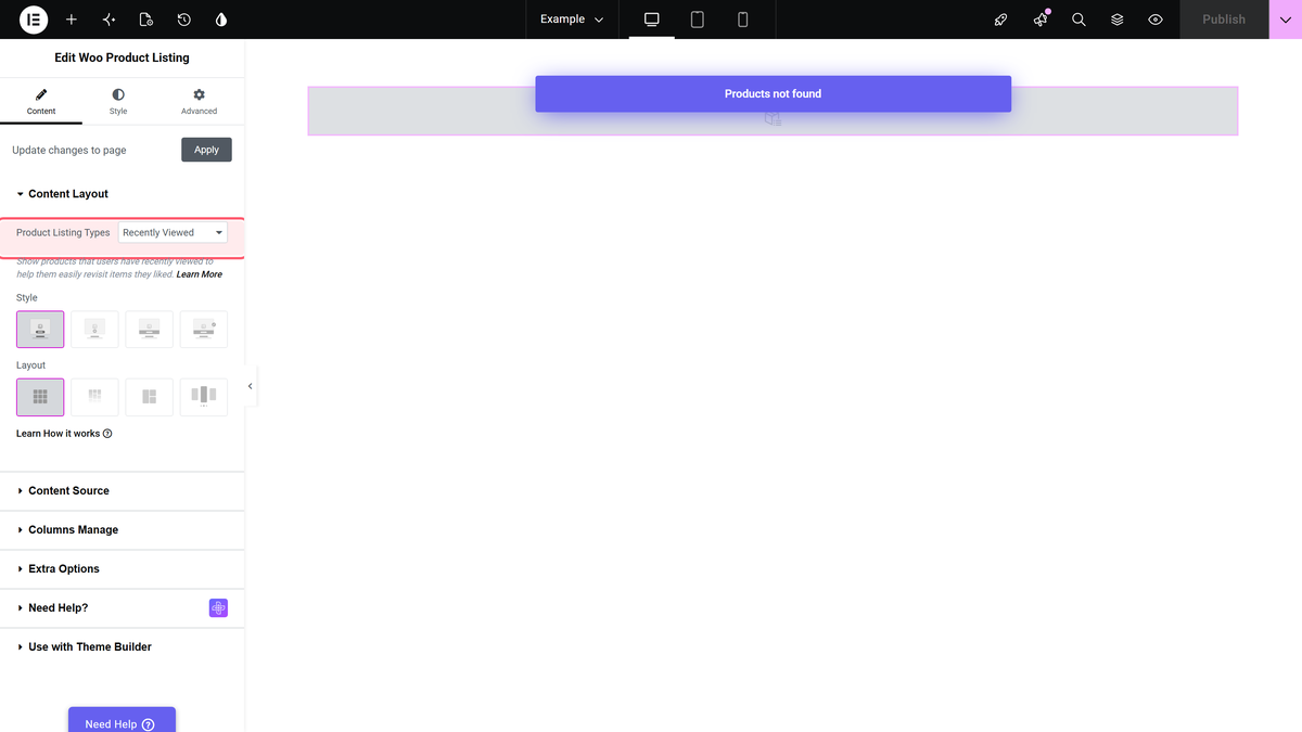 How to Show WooCommerce Recently Viewed Products in Elementor? Product listing types set to recently viewed