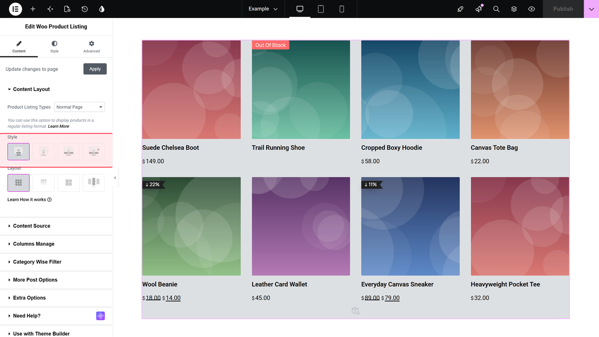 The style choices for the product card