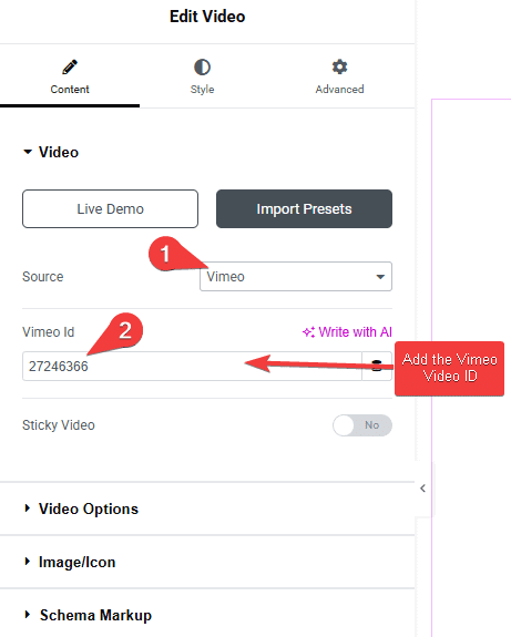 Video widget source dropdown set to vimeo in the plus addons for elementor