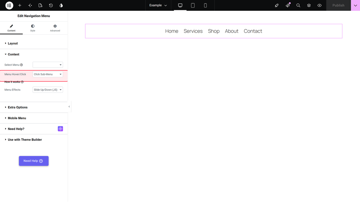 Click sub-menu selected in the menu hover/click dropdown