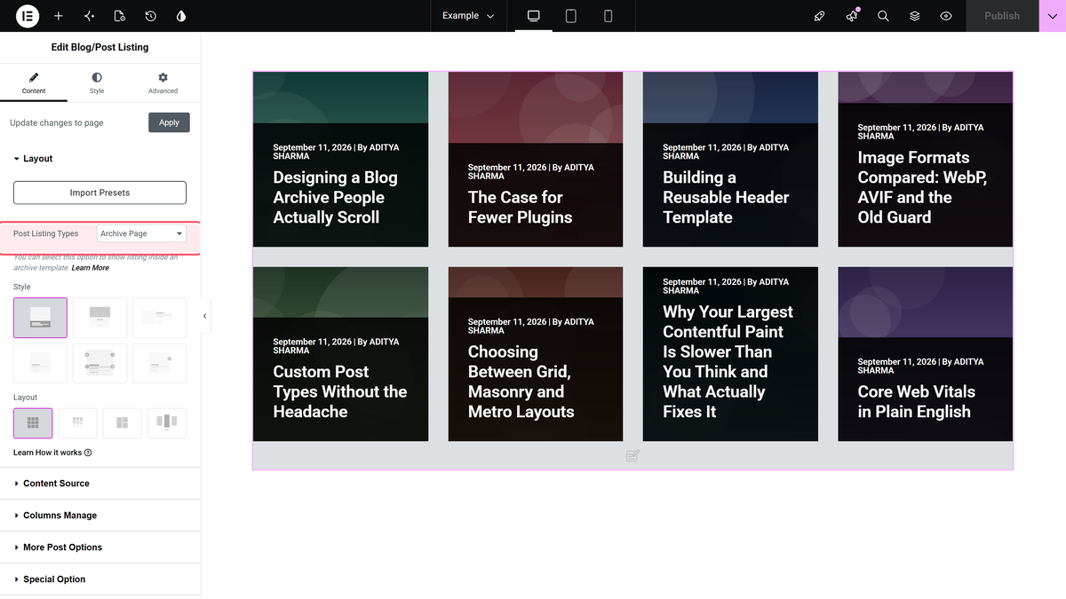 How to Create Category Archive Page for Blog Post in Elementor? Post listing types set to archive page in content > layout