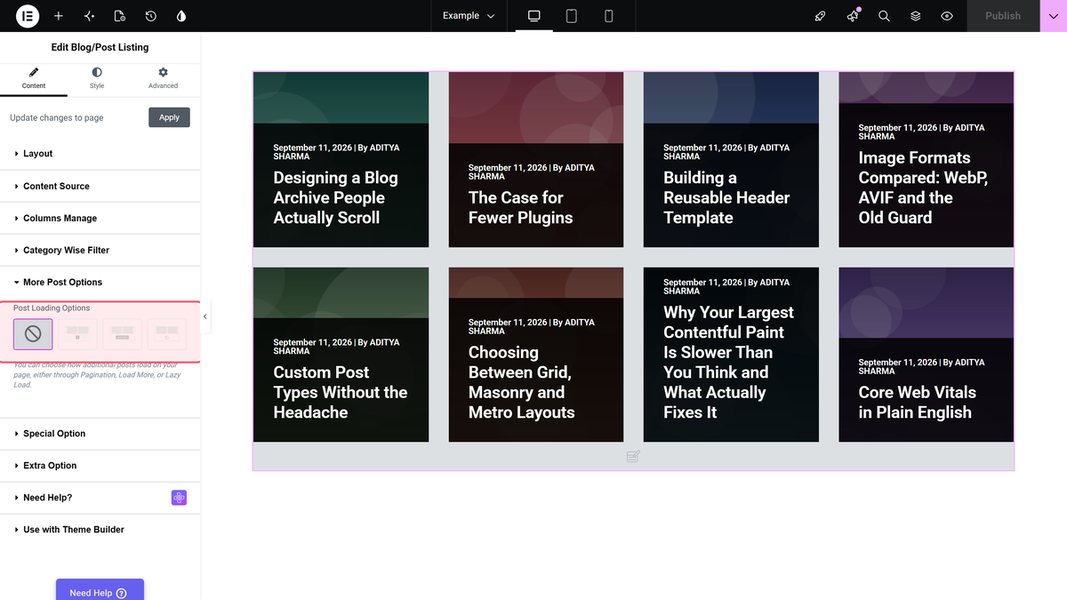 Post loading options in the more post options section