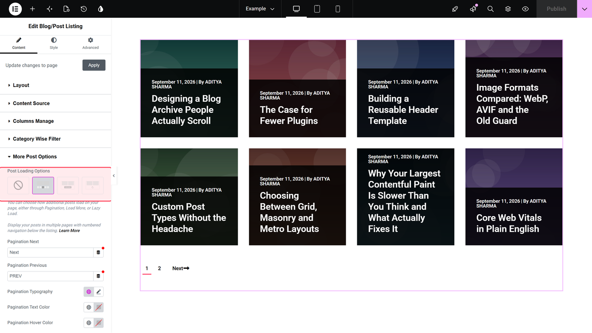 How to Add Pagination in Blog Posts in Elementor? Post loading options set to pagination in content > more post options