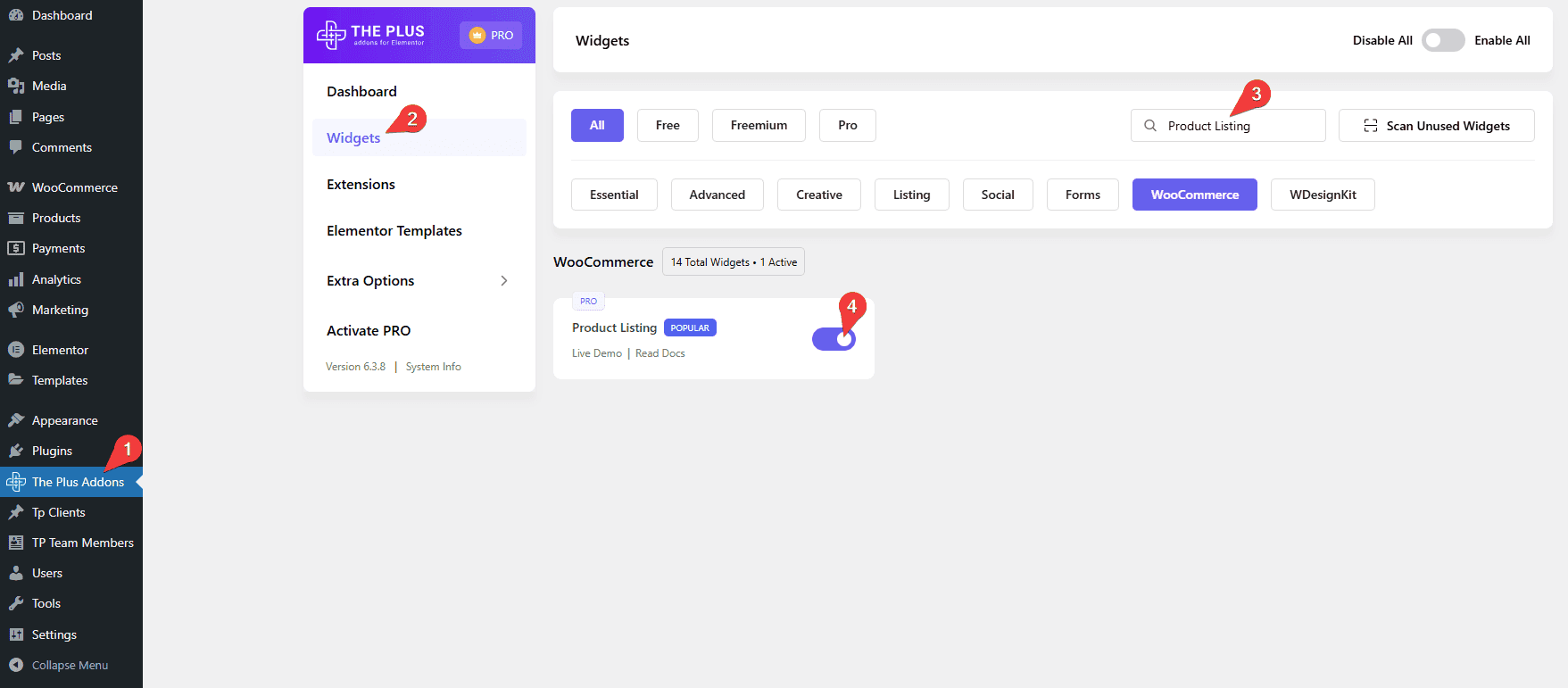 Product Listing Widget Settings Overview The woo product listing widget switched on in the plus addons widget settings