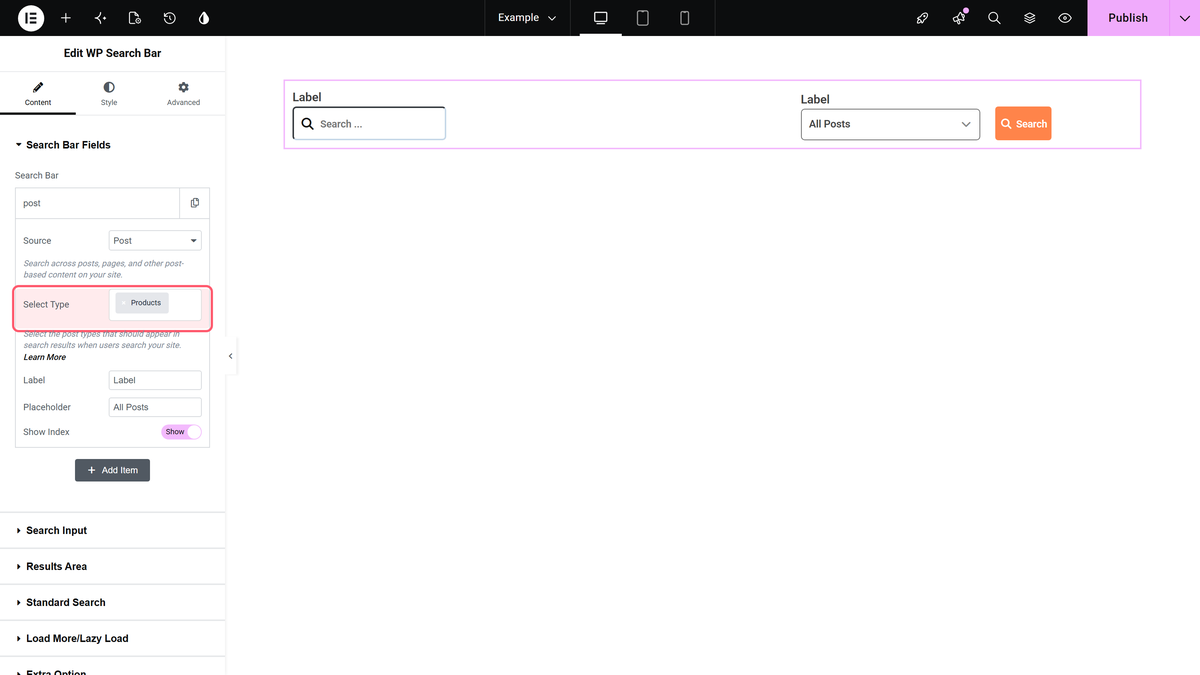 How to Customize WooCommerce Search Results Page in Elementor? Select type set to product in the wp search bar field settings