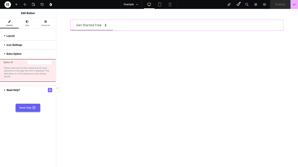 The button id field in the extra option section of the button widget