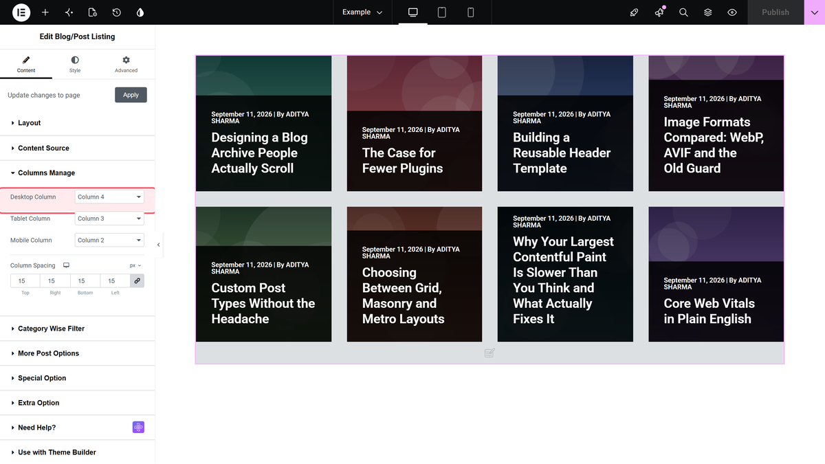 The columns manage section of the blog listing widget