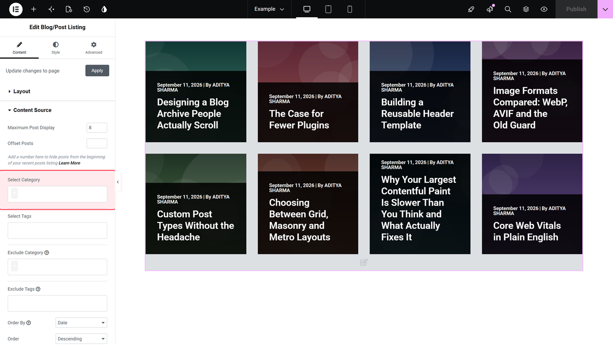 The content source section with select category