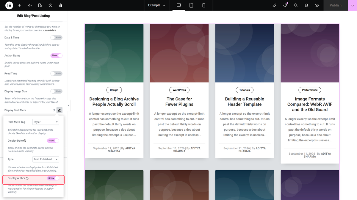 How to Hide Author Name in Elementor Blog Posts? The display author switch inside the display post meta options